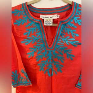 Gretchen Scott coral orange tunic with turquoise embroidered tunic Sz. XS